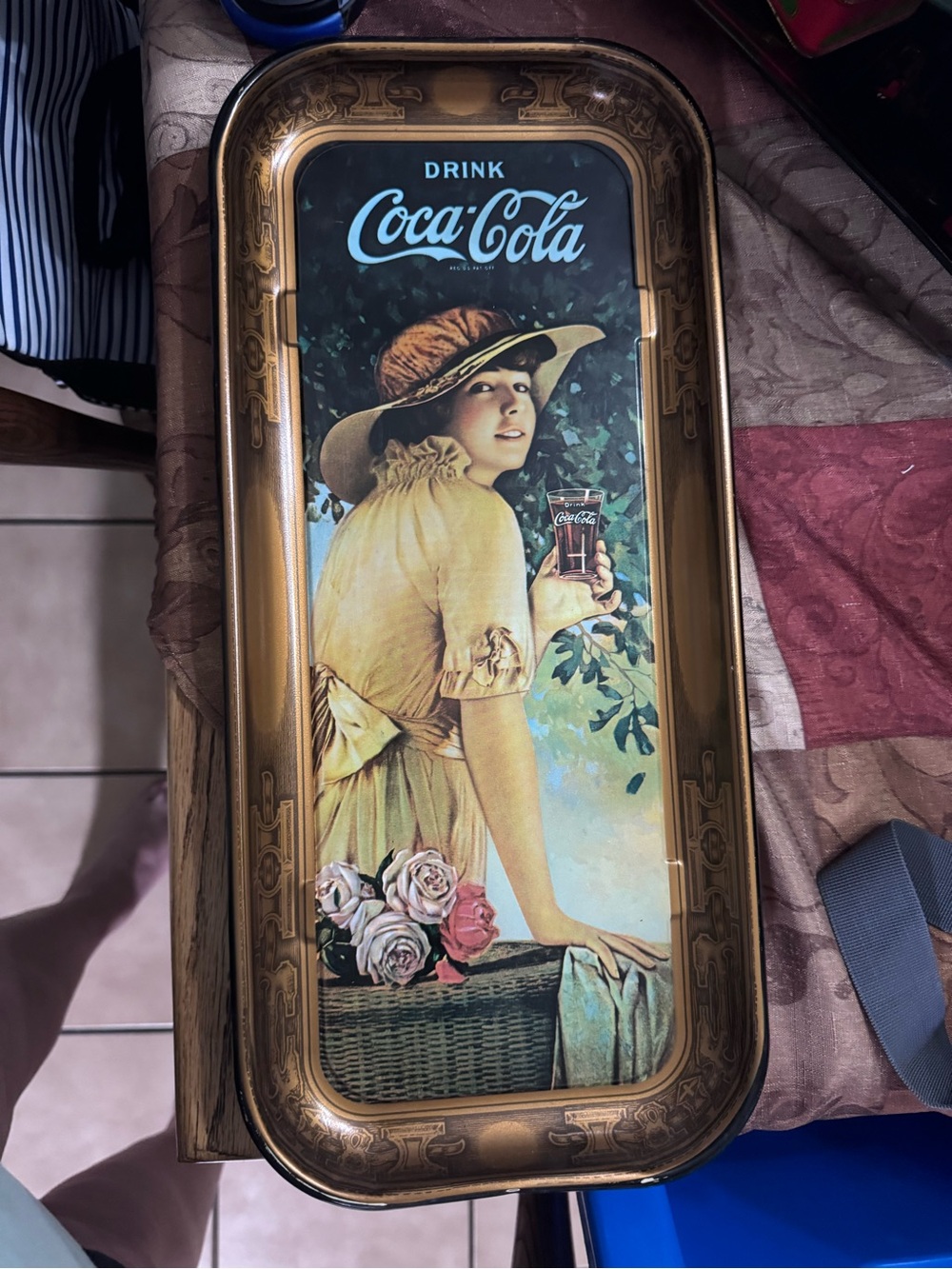 Vintage Coca Cola Retro Woman Wall Tray - Gold, Cream, Blue, Green